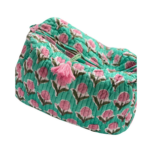 Cosmetic Bag- Green Aqua with pink floral