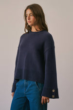 Load image into Gallery viewer, Button Cuff Cotton Blend Crew Neck Sweater
