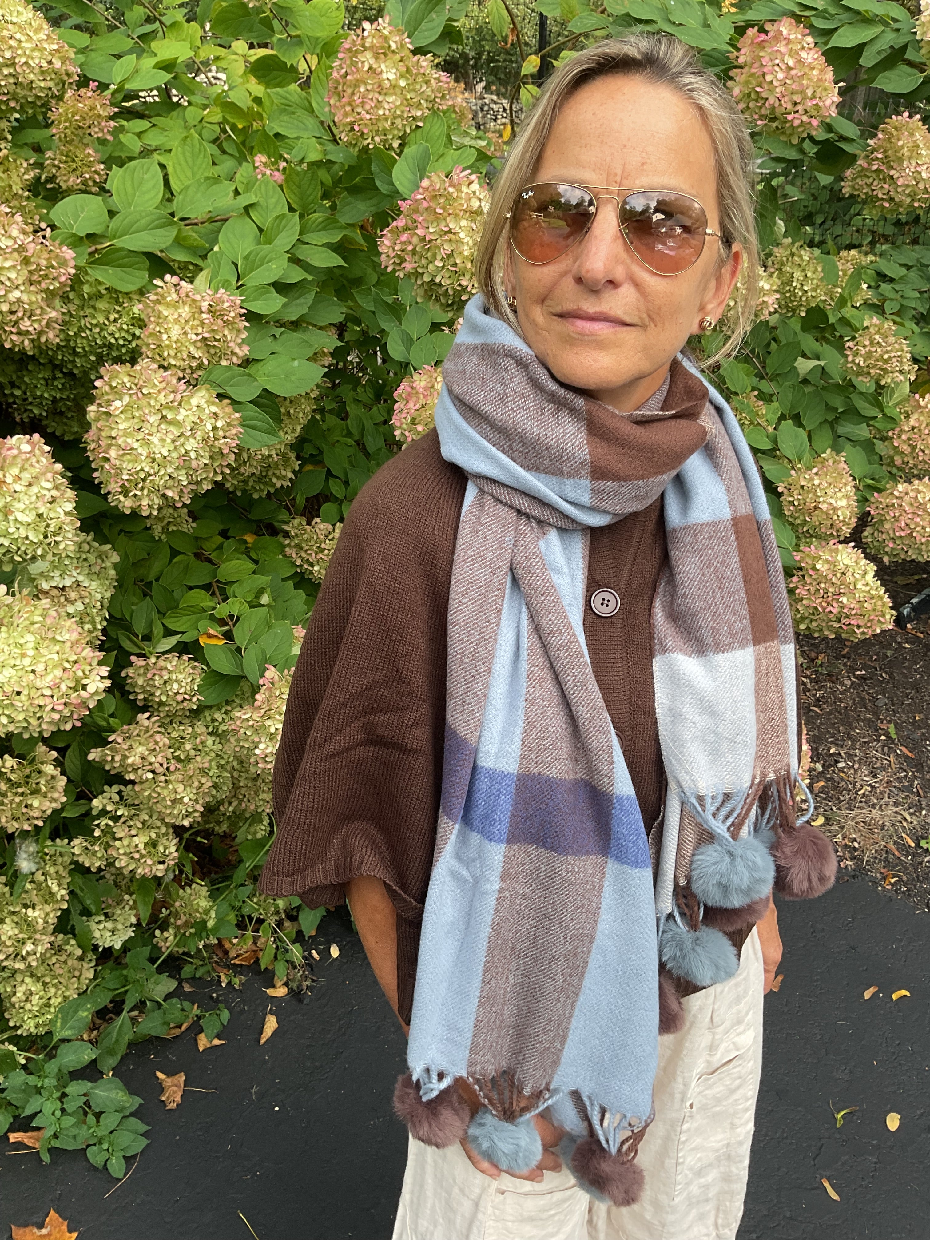 Checked Pom Pom Scarf