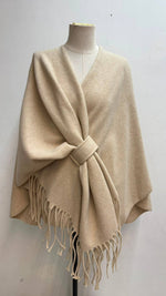 Load image into Gallery viewer, V-neck poncho with belt and fringe trim
