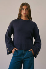 Load image into Gallery viewer, Button Cuff Cotton Blend Crew Neck Sweater
