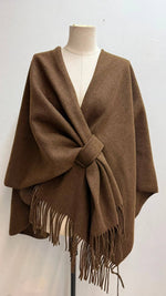 Load image into Gallery viewer, V-neck poncho with belt and fringe trim

