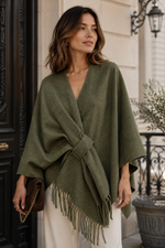 Load image into Gallery viewer, V-neck poncho with belt and fringe trim
