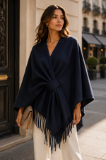 Load image into Gallery viewer, V-neck poncho with belt and fringe trim
