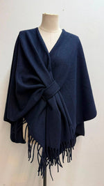 Load image into Gallery viewer, V-neck poncho with belt and fringe trim
