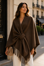 Load image into Gallery viewer, V-neck poncho with belt and fringe trim
