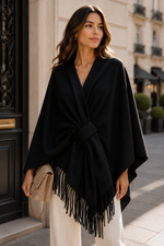 Load image into Gallery viewer, V-neck poncho with belt and fringe trim
