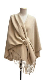 Load image into Gallery viewer, V-neck poncho with belt and fringe trim
