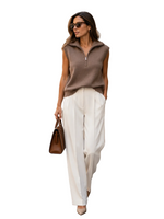 Load image into Gallery viewer, Sleeveless knit pullover with zip-up stand collar
