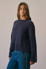 Load image into Gallery viewer, Button Cuff Cotton Blend Crew Neck Sweater
