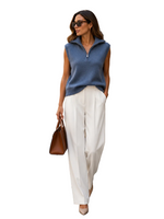 Load image into Gallery viewer, Sleeveless knit pullover with zip-up stand collar
