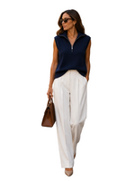 Load image into Gallery viewer, Sleeveless knit pullover with zip-up stand collar
