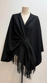 Load image into Gallery viewer, V-neck poncho with belt and fringe trim
