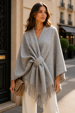 Load image into Gallery viewer, V-neck poncho with belt and fringe trim
