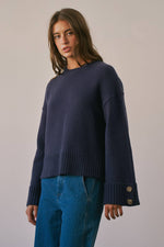Load image into Gallery viewer, Button Cuff Cotton Blend Crew Neck Sweater
