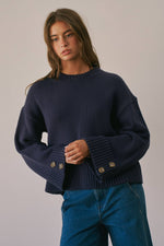 Load image into Gallery viewer, Button Cuff Cotton Blend Crew Neck Sweater
