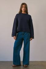 Load image into Gallery viewer, Button Cuff Cotton Blend Crew Neck Sweater
