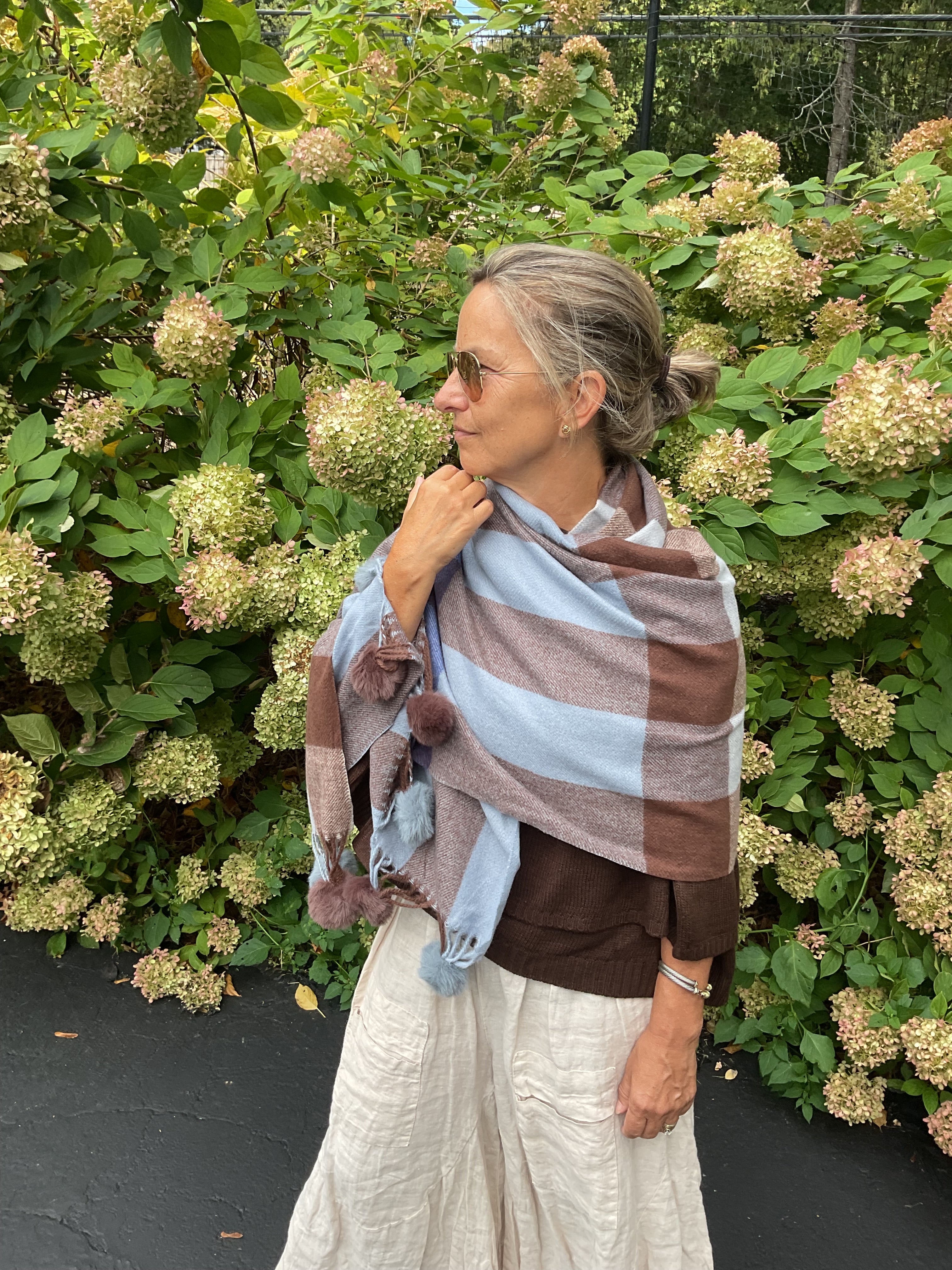 Checked Pom Pom Scarf