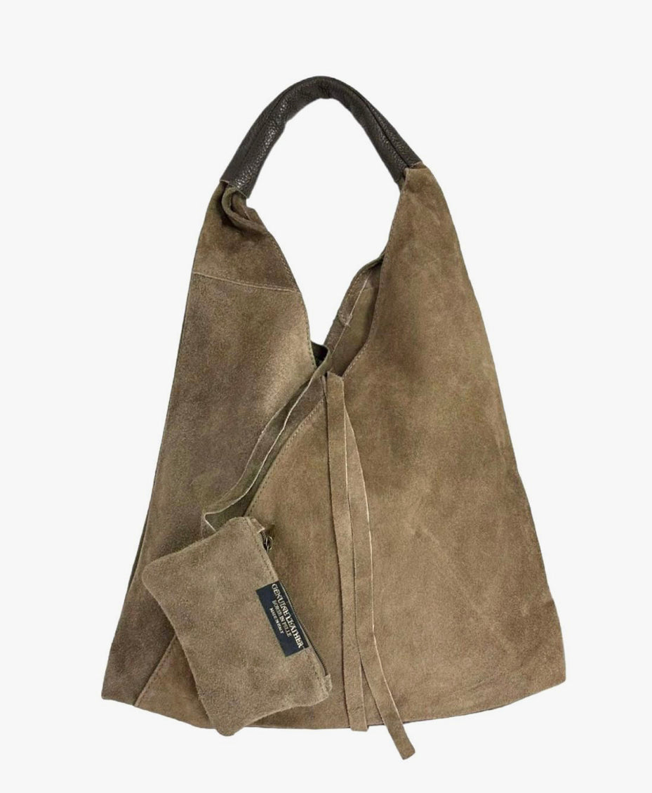 Taupe Suede Genuine Leather Hobo Shoulder Bag Suede Leather 