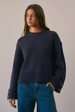 Load image into Gallery viewer, Button Cuff Cotton Blend Crew Neck Sweater
