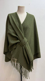 Load image into Gallery viewer, V-neck poncho with belt and fringe trim
