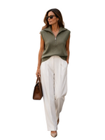 Load image into Gallery viewer, Sleeveless knit pullover with zip-up stand collar
