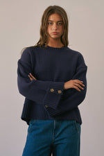 Load image into Gallery viewer, Button Cuff Cotton Blend Crew Neck Sweater
