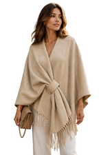 Load image into Gallery viewer, V-neck poncho with belt and fringe trim
